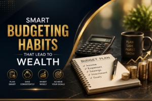 Financial budgeting concept with calculator, notebook, coins, savings jar, and investment growth chart representing wealth creation through smart budgeting.