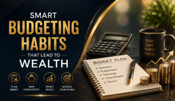 Financial budgeting concept with calculator, notebook, coins, savings jar, and investment growth chart representing wealth creation through smart budgeting.