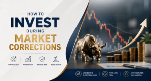Investor analysing stock market correction and portfolio performance while planning long-term investment strategy.